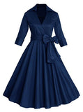 Women's Casual Vintage Swing Dress Half Sleeve Bow Belt Midi Dress - vmlfashion-com