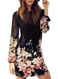 Women Black Floral Shift Long Sleeved Dress - vmlfashion-com