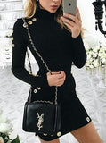 Women's Black Mini Open Rivet Embellished High Collar Dress - vmlfashion-com