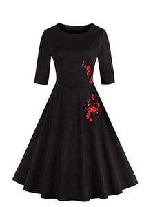 Women Black and Red Embroidered Flower Trim Dress - vmlfashion-com