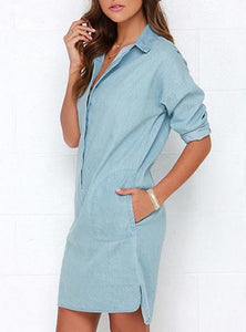 Women Blue Pale Blue Side Pockets Button Down Front Dress - vmlfashion-com