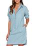 Women Blue Pale Blue Side Pockets Button Down Front Dress - vmlfashion-com