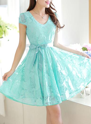 Women's Chiffon Lace Short DressBow Capped Sleeeve Dress - vmlfashion-com