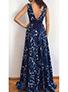 Women Evening Dress - Party-Wedding /Blue and White Print Bow Detail - vmlfashion-com