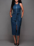 Women's Denim Midi Sleeveless Belted Zipper Front Dress - vmlfashion-com