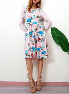 Women's Striped and Floral Long sleeve Dress - vmlfashion-com