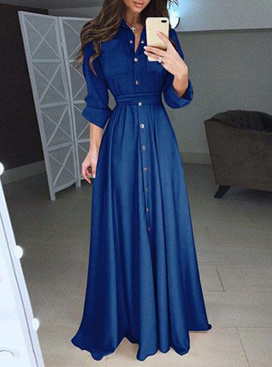 Women's Floor Length Button Up Dress Belted Waist - vmlfashion-com