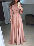 Women's Floor Length Button Up Dress Belted Waist - vmlfashion-com