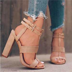 Women's T Strap Sandal Double Buckles Heel Denim Top Cloth - vmlfashion-com