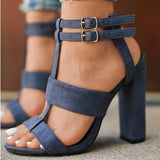 Women's T Strap Sandal Double Buckles Heel Denim Top Cloth - vmlfashion-com