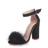 Women's Open Toe High Heels Feather Accent Square Heel - vmlfashion-com