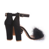 Women's Open Toe High Heels Feather Accent Square Heel - vmlfashion-com