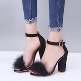 Women's Open Toe High Heels Feather Accent Square Heel - vmlfashion-com