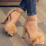 Women's Open Toe High Heels Feather Accent Square Heel - vmlfashion-com