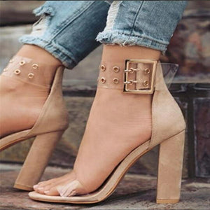 Women's Partial Clear High Heels Thick Ankle Strap Gold Eyelets Colored Heel - vmlfashion-com