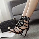 Women's Gladiator Style High Heels Beaded Toeless Straps - vmlfashion-com