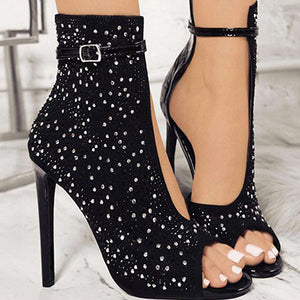 Women's Black Silver Sparkly Design Buckle at Ankle iletto Boots - vmlfashion-com