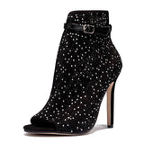 Women's Black Silver Sparkly Design Buckle at Ankle iletto Boots - vmlfashion-com