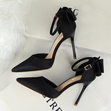 Women's Bow Heel Accent Ankle Strap High heels shoes - vmlfashion-com