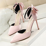 Women's Bow Heel Accent Ankle Strap High heels shoes - vmlfashion-com