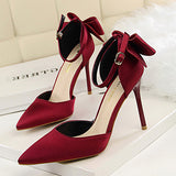 Women's Bow Heel Accent Ankle Strap High heels shoes - vmlfashion-com