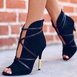 Women's High Fashion Stiletto Ankle Boots Front Straps - vmlfashion-com