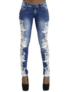 Womon Fashion Pencil Jeans  Side Lace Splicing Jeans With Flower - vmlfashion-com