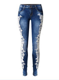 Womon Fashion Pencil Jeans  Side Lace Splicing Jeans With Flower - vmlfashion-com