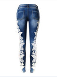 Womon Fashion Pencil Jeans  Side Lace Splicing Jeans With Flower - vmlfashion-com