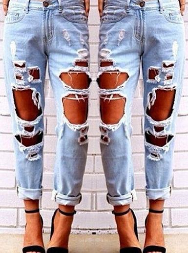 Women Light Blue Damaged Jeans - vmlfashion-com