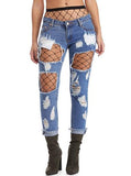 Women Blue Fish Net Heavily Damaged Jeans - vmlfashion-com