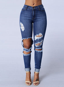 Women Dark Blue Damage Jeans - vmlfashion-com