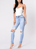 Women's Blue Damaged Jeans  Knees Cut - vmlfashion-com