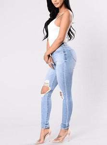 Women's Blue Damaged Jeans  Knees Cut - vmlfashion-com