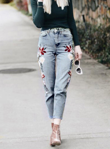 Women Blue / Floral Flower Jeans - vmlfashion-com