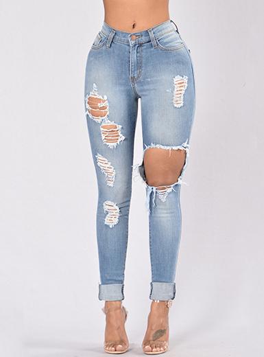 Women's Light Blue Damage Stretchy Jeans - vmlfashion-com