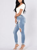 Women's Light Blue Damage Stretchy Jeans - vmlfashion-com