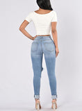 Women's Light Blue Damage Stretchy Jeans - vmlfashion-com