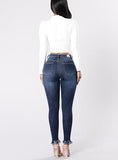 Women Stretch Jeans with Slit Knees Damage Dark Blue - vmlfashion-com