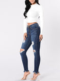 Women Stretch Jeans with Slit Knees Damage Dark Blue - vmlfashion-com