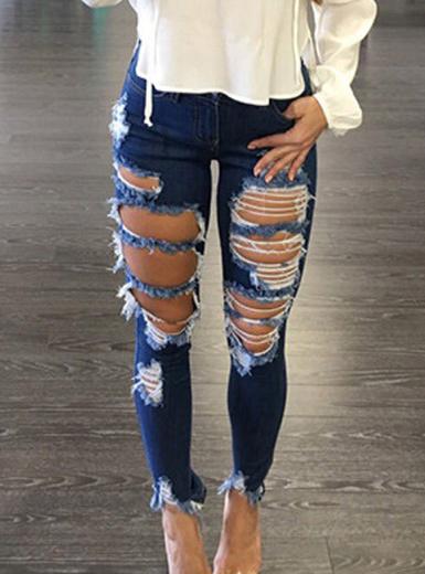 Women Blue Damaged Skinny Jeans - vmlfashion-com