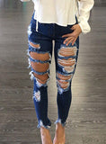 Women Sexy Dark Blue Damage Jeans - vmlfashion-com