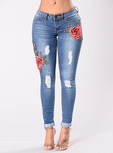 Women Blue Flower Jeans - vmlfashion-com