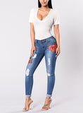 Women Blue Flower Jeans - vmlfashion-com