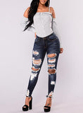 Women's Hand Damaged Dark Blue Jeans - vmlfashion-com