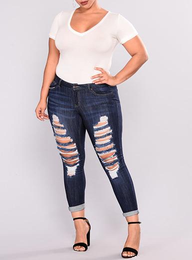 Women Plus Sized Blue Damaged Jeans - vmlfashion-com