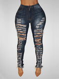 Women's Hand Damaged Dark Blue Jeans - vmlfashion-com