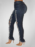 Women's Hand Damaged Dark Blue Jeans - vmlfashion-com