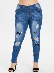 WMNS Plus Sized Distressed Denim Skinny Fit Jeans - Butterfly Enhancements Dark Blue Distressed - vmlfashion-com