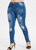 WMNS Plus Sized Distressed Denim Skinny Fit Jeans - Butterfly Enhancements Dark Blue Distressed - vmlfashion-com